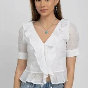 Frame Denim White Eyelet Ruffle Blouse